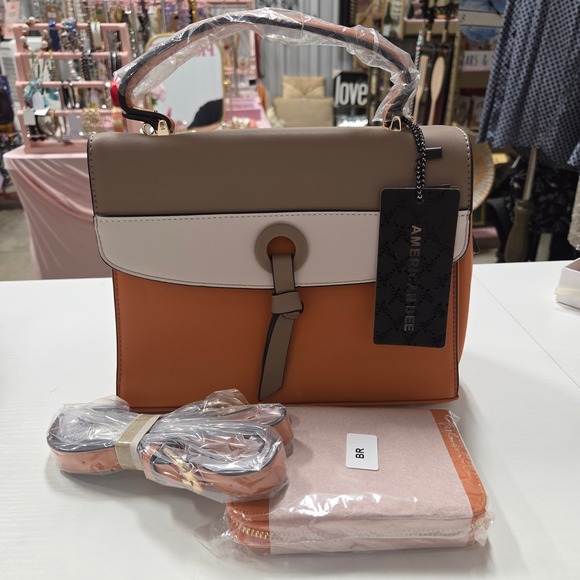 American Bee Handbags - American Bee Colorblock Satchel and Wallet 2-in-1 Set Orange Tan